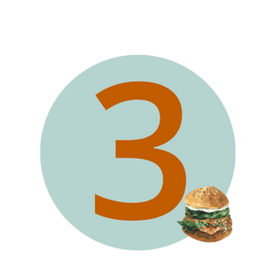 a healthy burger and the number 3 for 3rd step in gut health proces: dietary strategies