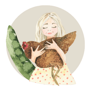 Girl holding a chicken with PEAS to represent plant based nutrition elements- people environment animals